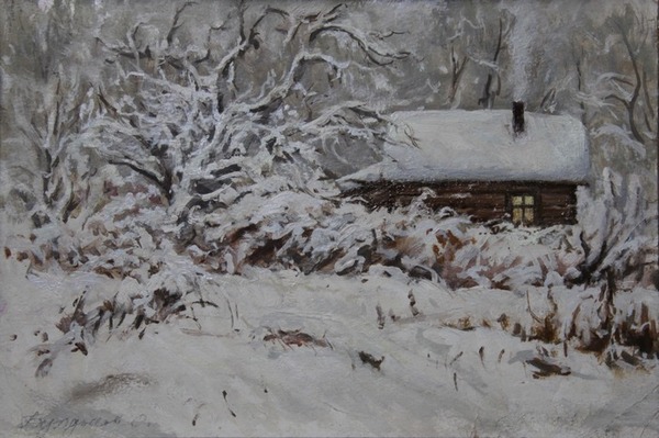 Бурдыков С. С. Зимой в деревне. К. м. 22,5х33,5 by . 